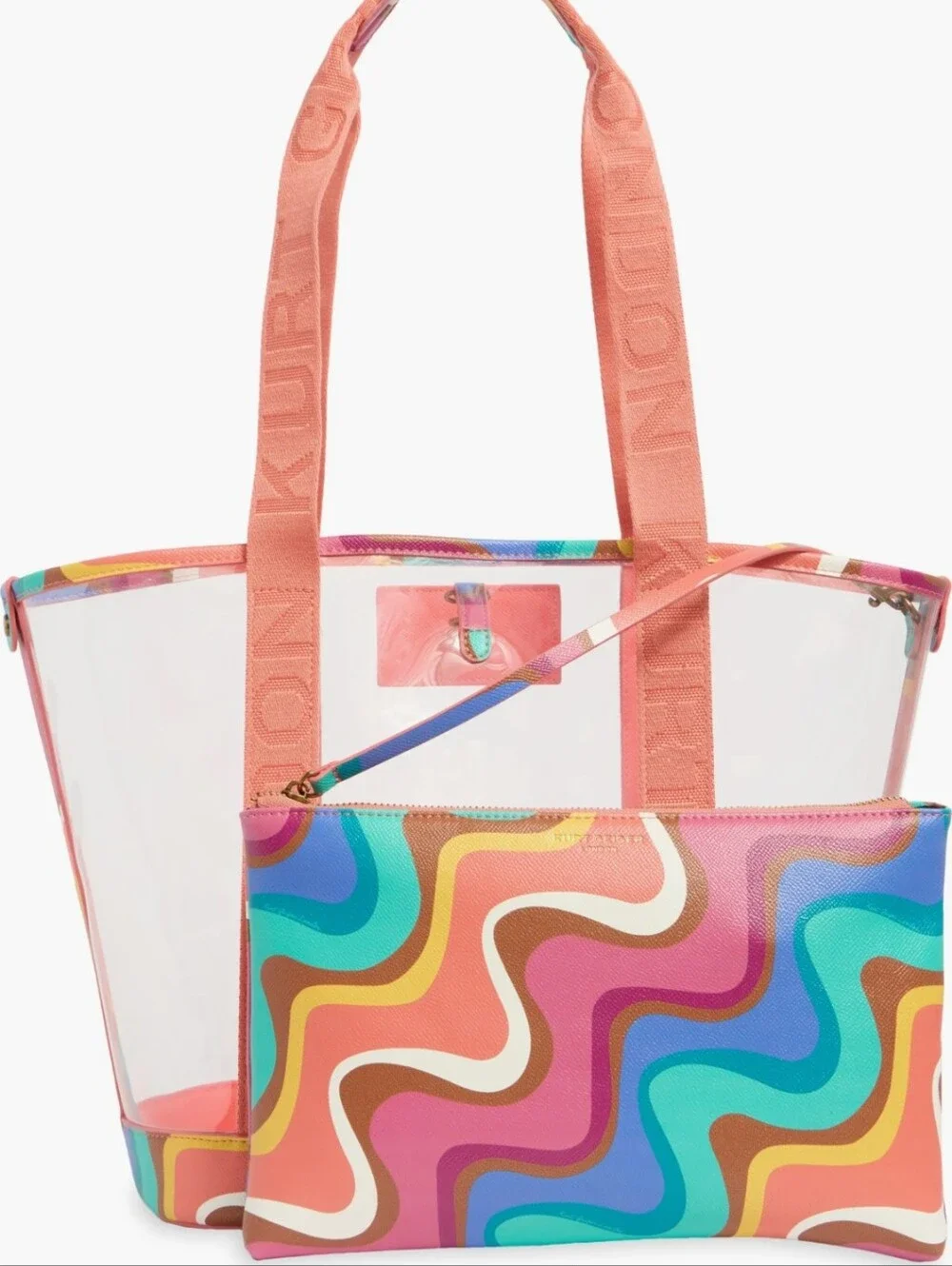 Kurt Geiger Hampstead Clear Tote w/Coral Straps/ Multicolor Swirl Insert/ BNWT